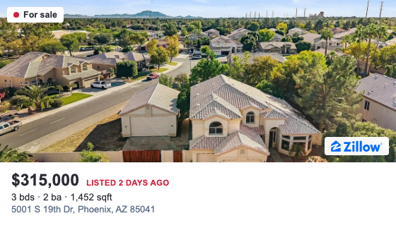 A Zillow listing card showing one of the dropped homes now for sale